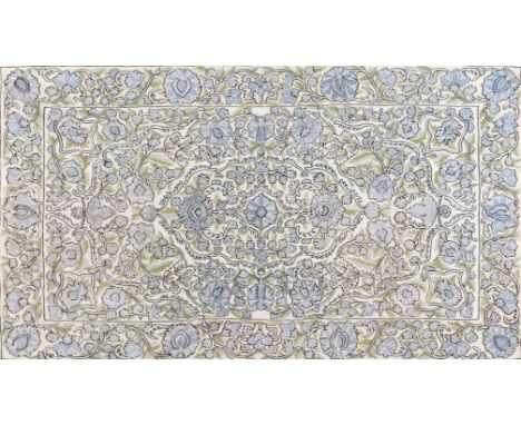 A CONTEMPORARY  KASHMIR EMBROIDERED  TAPESTRY 180 by 100cm rayon on handwoven cotton, depicting pale blue flowers and green f