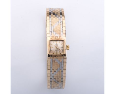 A LADY'S 14CT YELLOW GOLD WRISTWATCH, CORNAVIN manual, the square gilt dial with gilt baton hour markers, on a gold mesh brac