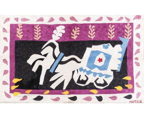 A  CONTEMPORARY KASHMIR EMBROIDERED TAPESTRY, AFTER MATISSE rayon  on handwoven cotton depicting a stylised horse and chariot