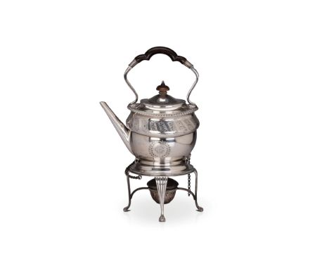 A VICTORIAN SILVER KETTLE-ON-STAND, JOHN NEWTON MAPPIN, LONDON, 1889 of globular form, the shoulders chased with a band of fo