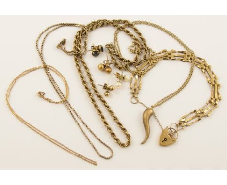 A collection of 9ct and yellow metal to include a gate bracelet, chains and earrings approx weight 26gms