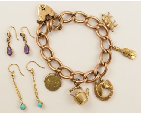 A 9ct and yellow metal charm bracelet approx weight 20.9gms and two pairs of vintage yellow metal earrings set with amethyst,
