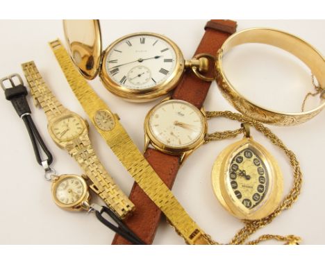 A gold plated pocket watch,a gents Avia vintage watch and a further collection of ladies watches and a rolled gold bangle