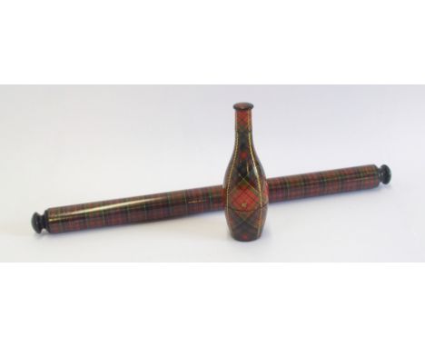 A Victorian Mauchline Tartanware cylindrical ruler and sewing etui the cylindrical ruler in McDonald Tartan, one end lifts to