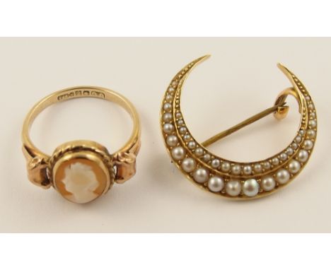 A 15ct pearl set crescent moon brooch together with a 9ct cameo ring
