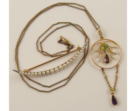 A 9ct Edwardian amethyst pearl and peridot pendant with a 14ct crescent moon pearl set brooch