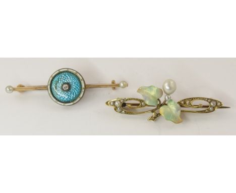 A 15ct Art Nouveau enamel and pearl brooch together with a diamond and enamel yellow metal brooch