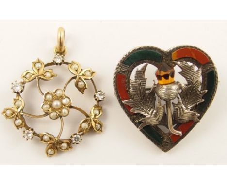 A 9ct Edwardian pearl set pendant and a Scottish agate brooch
