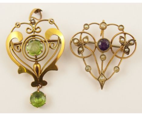 A 9ct Edwardian peridot pendant brooch and an amethyst and pearl example