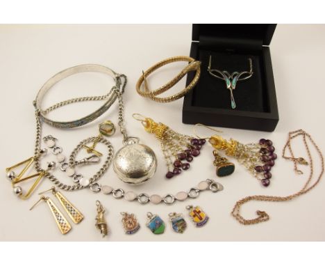 A silver and enamel Sheila Fleet ' Dawn' necklace, a pair of gold plated garnet and pearl tassel earrings and other items