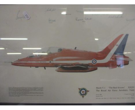 A limited edition print depicting a Hawk T1 Red Arrows February 1980, signed by the 1980 team on their first public display L