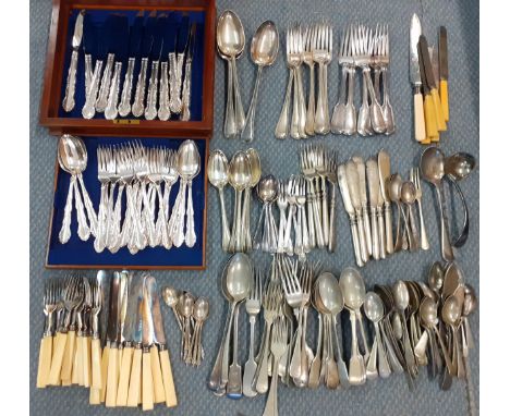 A mahogany cased set of silver plated cutlery six-setting, together with mixed cutlery and flatware Location: RAM 