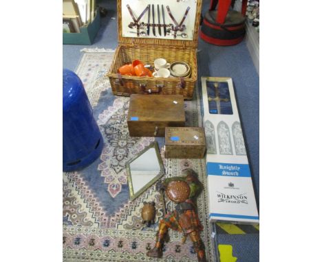 A boxed Wilkinson Sword 'Knightly Sword', a Victorian sewing box, and an inlaid walnut tea caddy box, a leather and wood wall