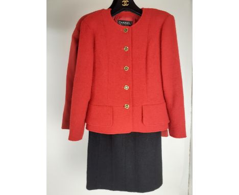 Chanel Boutique-( 3 items ) Two 1990's red jackets with scoop necklines, one a boucle jacket with 2 patch pockets, flared wai