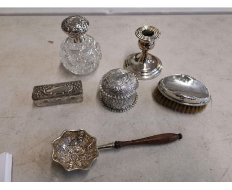 An early 20th century silver pot with hinged lid and embossed decoration by Lawrence Emanuel, together with a silver topped c