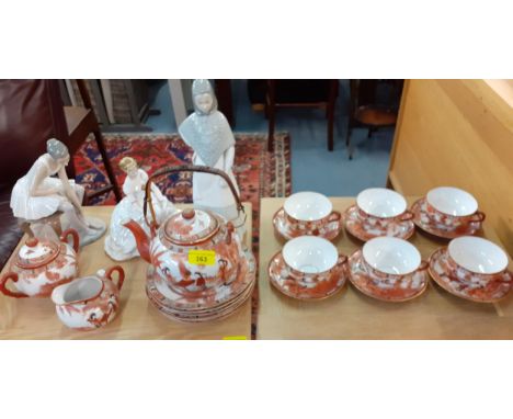 Three bone china figures of females to include a Nao seated ballerina together with a Chinese eggshell six setting tea set, t