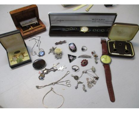 A selection of costume, silver and gold jewellery to include a Victorian gold brooch set with a central rose cut diamond, var