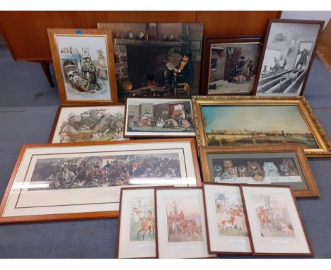 Mixed prints to include a Louis Wain print of a cartoon cat entitled 'Who said Mice?', and another, a Battle of Waterloo prin