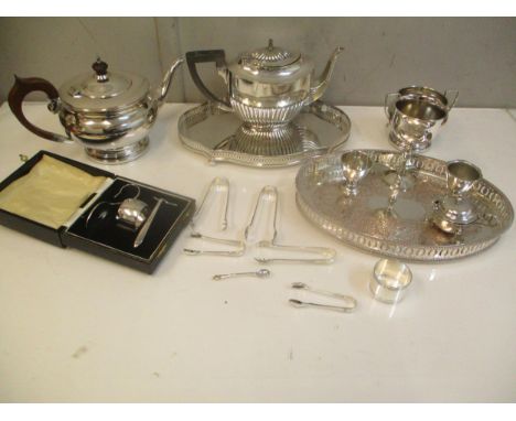 Silver and silver plate to include two silver sugar tongs, silver plated tableware, trays, teapots, Christening set, condimen