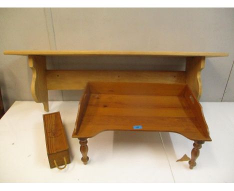 A 20th century pie shelf with shaped brackets, a pine bed table and Cockburns boxLocation: 