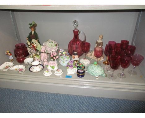 A mixed lot of ceramic ornaments and cranberry glass to include a Coalport lady figurineLocation: 
