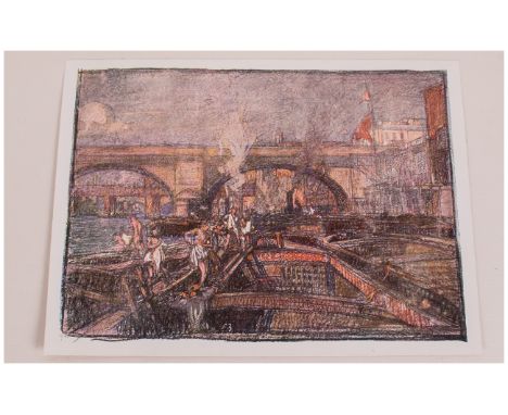 Frank Brangwyn. Coloured Print ' London Bridge, Sunday Morning ' Unframed. 11 x 16 Inches. 
