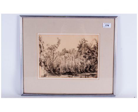 Eliott Seabrooke Signed Pencil Sketch Of A Riverbank With Trees, 18x15'', Official war artist & illustrator. Framed & glazed.