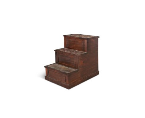 A VICTORIAN MAHOGANY BED STEPS COMMODE, of rectangular shape with three upholstered levels and pull out chamber pot section. 