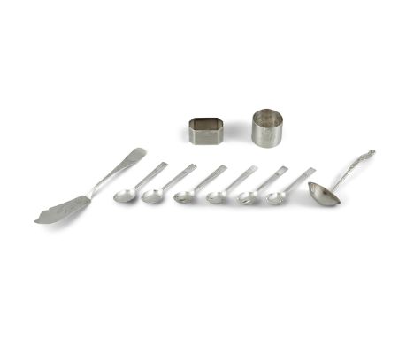 A COLLECTION INCLUDING:A set of six Art Deco silver coffee spoons, Sheffield marks; an engine turned octagonal napkin ring, B