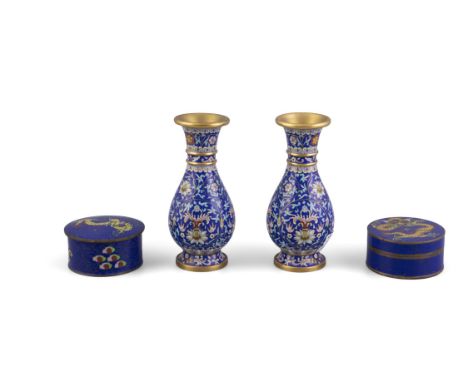A PAIR OF BLUE GROUND ENAMEL CLOISONNÉ VASES AND A PAIR OF CIRCULAR BOXES China, late 20th century, the vases with flared rim