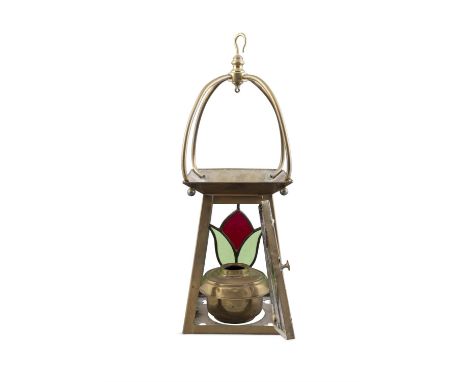 AN ART NOUVEAU BRASS AND STAINED GLASS HALL LAMPof rectangular form with inset glass panels. 48cm high(E)ELECTRICAL GOOD IN N