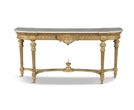 A FRENCH GILTWOOD AND MARBLE TOP CONSOLE TABLE, 19TH CENTURYof bowfront shape with shaped white marble, above a frieze with s