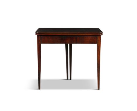 A GEORGE III MAHOGANY TEA TABLE rectangular form with plain hinged top and interior, on gate leg supports 