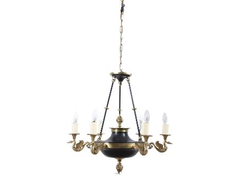 A FRENCH EMPIRE STYLE SIX-LIGHT ELECTROLIER, of circular design with six upturned branches with faux candle sleeves, suspende