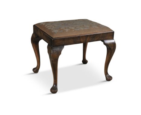 A BEECHWOOD RECTANGULAR STOOL, C.1900fitted with tapestry panel seat, on cabriole legs and pad feet. 58 x 48 x 48cm high