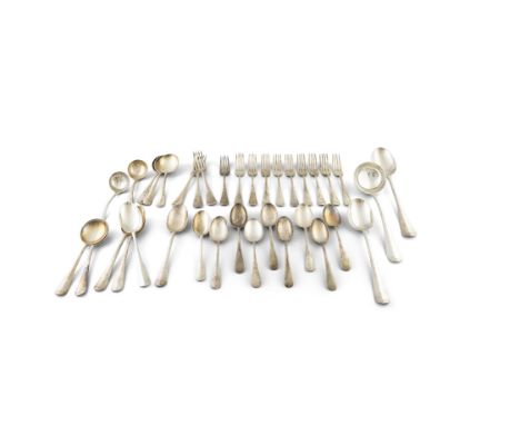 A COLLECTION OF SILVER PLATED FLATWARE comprising:  1 serving ladle 2 serving spoons  5 soup spoons  2 sauce ladles  8 dinner