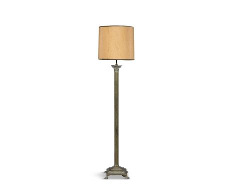 A GEORGE III STYLE GILT-BRASS FLOOR LAMP, 20TH CENTURY fluted Corinthian column raised on stepped base and paw feet. 140cm hi