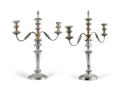A PAIR OF SHEFFIELD PLATE CANDELABRA, the two branch three light removable sconces raised on a circular tapering column and w