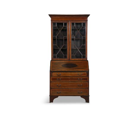  A 19TH CENTURY INLAID MAHOGANY BUREAU BOOKCASE,with outset cornice above twin astragal glazed doors enclosing a shelved inte