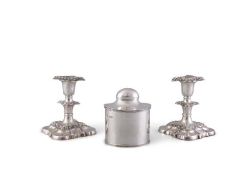A SILVER TEA CADDY,London, c.1911, of oval form, with hinged lid, (6.5 troy ozs), 12cm high; together with a pair of silver p