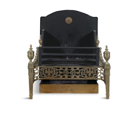 A GEORGE III STYLE BRASS AND CAST IRON FIRE GRATE,of neo-classical design, with arched backplate and three bar grill, above a