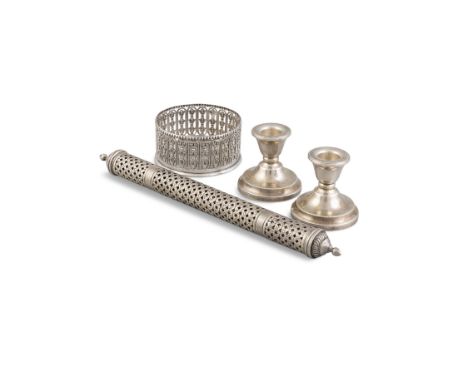 A PAIR OF DESK CANDLESTICK HOLDERSBirmingham c.1986, mark of Argyll Silver, with removable sconces, the bases weighted; toget