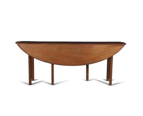 A MAHOGANY GATE LEG HUNT TABLE extending to an oval form, twin drop leaf sides and moulded edge, on squared legs. 198cm long,