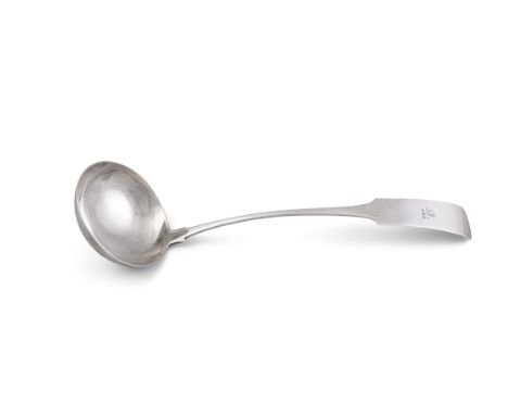 A GEORGE III IRISH SILVER FIDDLE PATTERN LADLE, Dublin 1806, maker's mark of John Pittar (6.2 troy ozs). c.35cm long