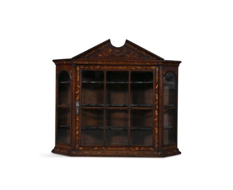 A DUTCH MARQUETRY INLAID MAHOGANY HANGING WALL CABINET, 18TH CENTURYwith architectural pediment over a single glazed panel do