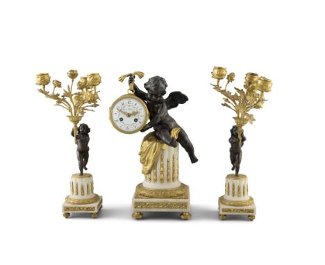 A 19TH CENTURY ORMOLU AND BRONZE FIGURAL THREE-PIECE CLOCK GARNITUREthe gilt brass mounted clock with white enamel face signe
