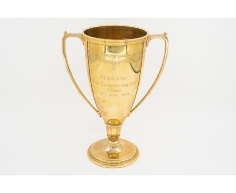 A 9CT GOLD CORONATION CUP EPSOM TWIN HANDLED TROPHY CUPEngraved Nagami, The Coronation Cup, Epsom 4th June 1959, maker's mark