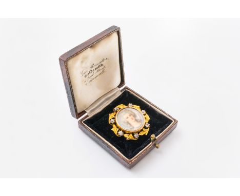 A DIAMOND POTRAIT MINITURE BROOCHThe miniature depicting a lady in pearls, probably late 18th C, in a later gold surrounded d