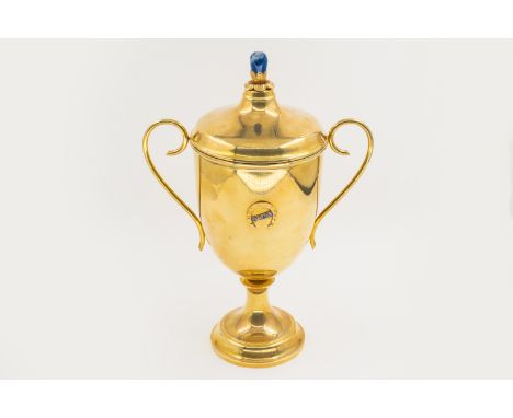 A JOCKEY CLUB GOLD CUP AND COVERThe front with a horseshoe motif and detailed in blue enamel Jockey Club, detailed 585/000 Mu