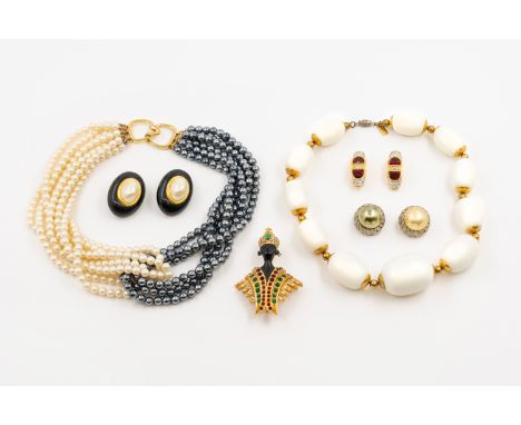 A MIXTURE OF KENNETH LANE JEWELLERYThe brooch set with vary coloured pastes, a pair of faux pearl earrings, a faux pearl neck